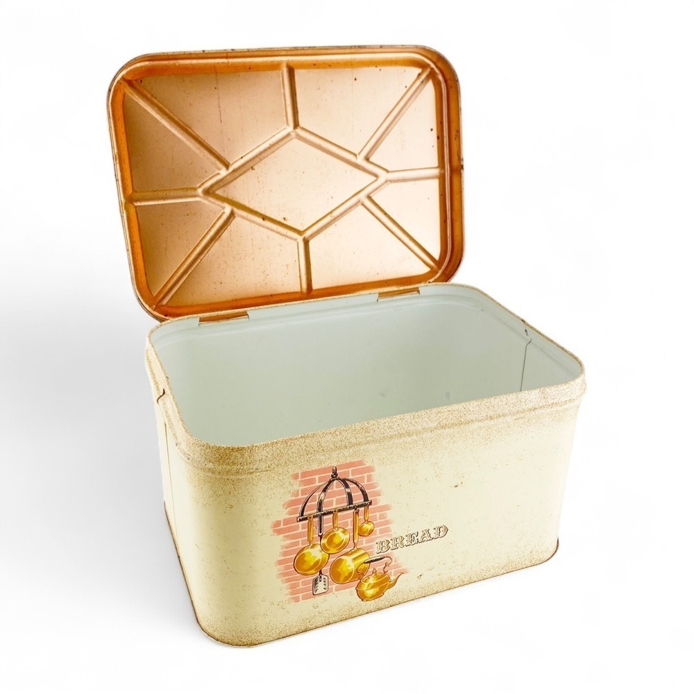Vintage Mid-Century Tin Metal Bread Box Copper Hinged Lid - Picture 8 of 9